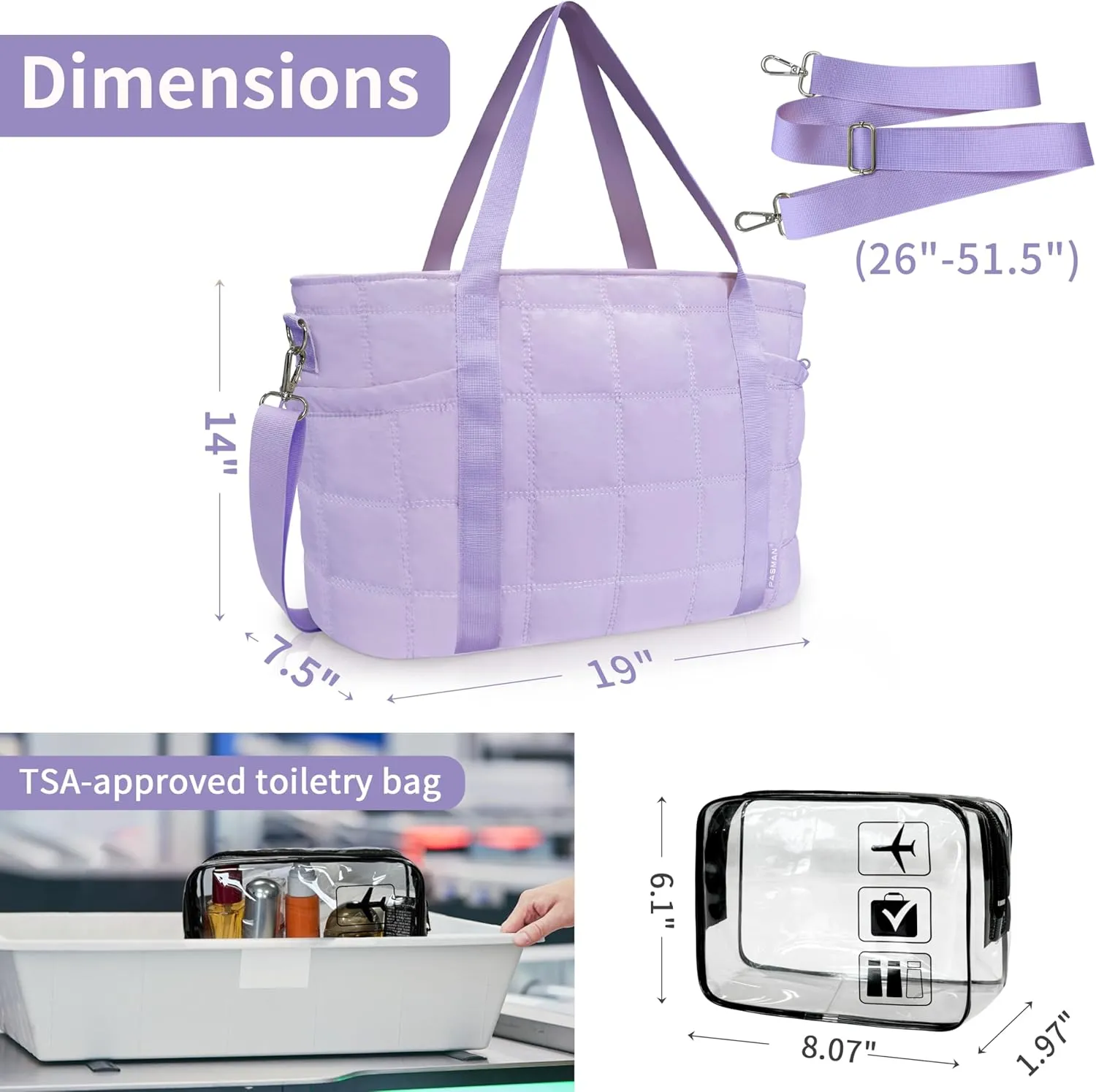 Tote Bag for Women, Puffy Bag with Zipper, Quilted Shoulder Bag with Compartments for Travel and Gym