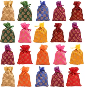 Touchstone Drawstring Bags Traditional Indian Handcrafted in Mimosa leaf Pattern Brocade fabric. Perfect Gifts Jewelry Weddings Sweet Distribution Set of 20 Vibrant Multicolor Pouches Purses Potli.