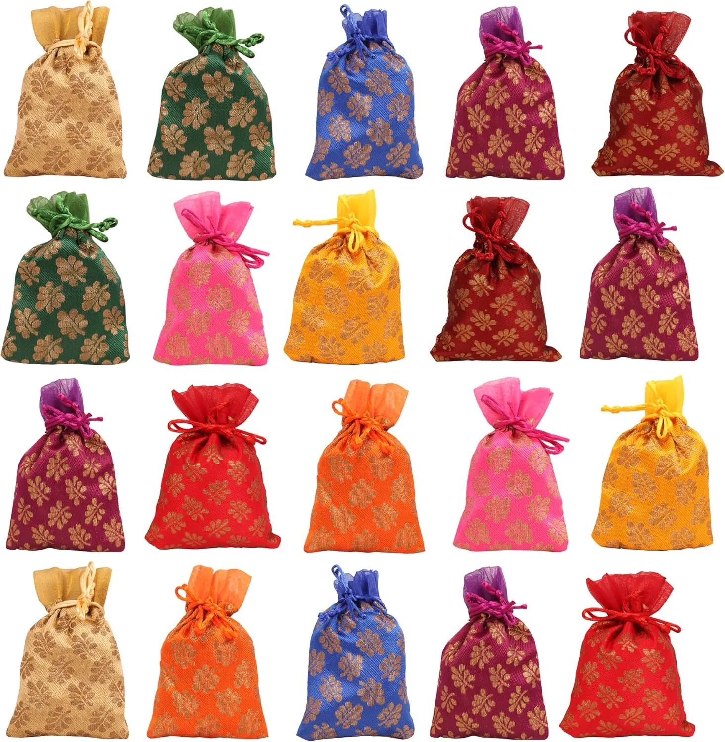 Touchstone Drawstring Bags Traditional Indian Handcrafted in Mimosa leaf Pattern Brocade fabric. Perfect Gifts Jewelry Weddings Sweet Distribution Set of 20 Vibrant Multicolor Pouches Purses Potli.