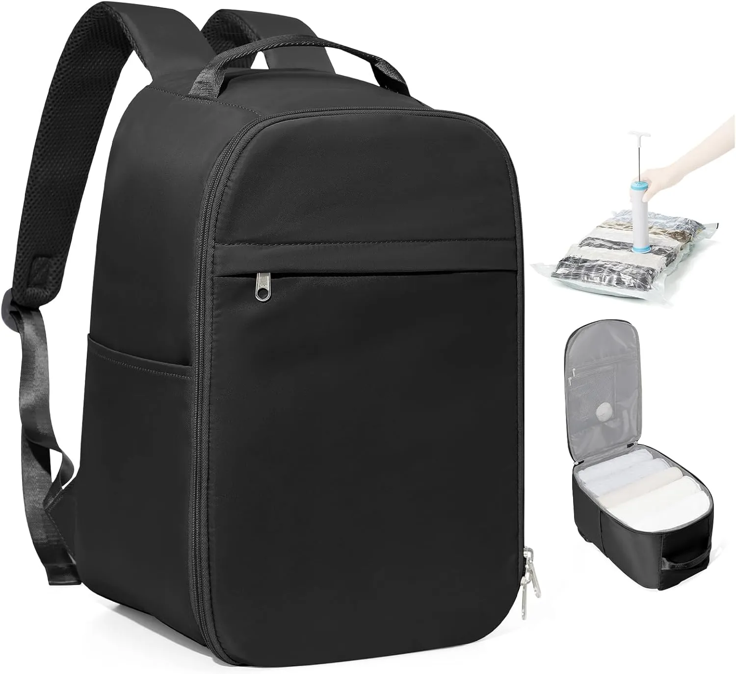 Travel Backpack for Women Men,Personal Item Backpack, Vacuum Storage Bags with Hand Pump,Airline Approved Backpack Hiking Business,20L,Black