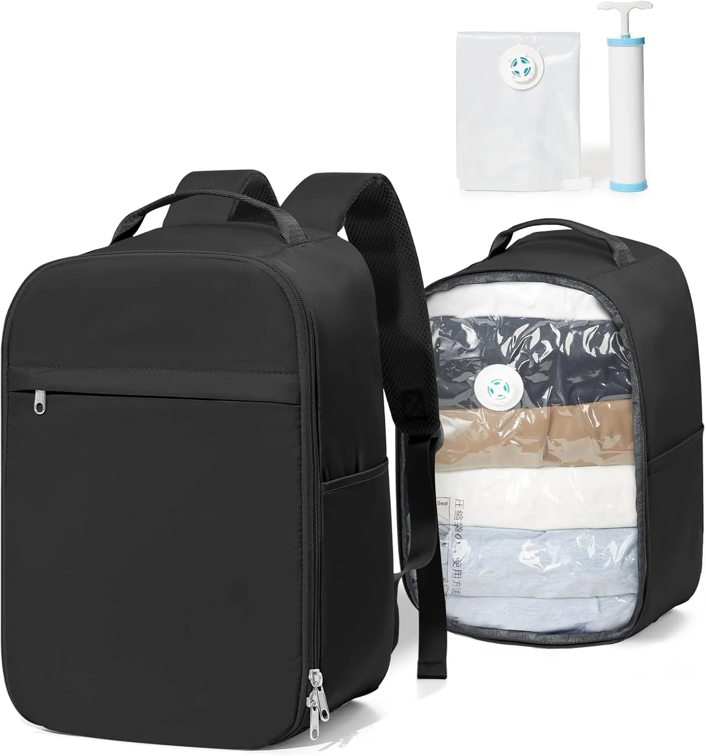 Travel Backpack for Women Men,Personal Item Backpack, Vacuum Storage Bags with Hand Pump,Airline Approved Backpack Hiking Business,20L,Black