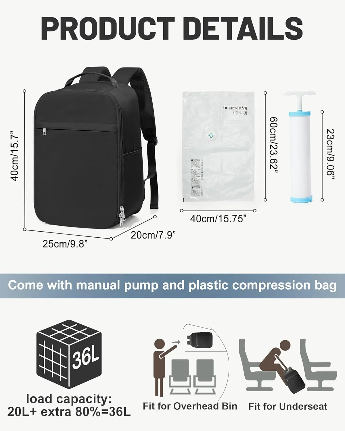 Travel Backpack for Women Men,Personal Item Backpack, Vacuum Storage Bags with Hand Pump,Airline Approved Backpack Hiking Business,20L,Black
