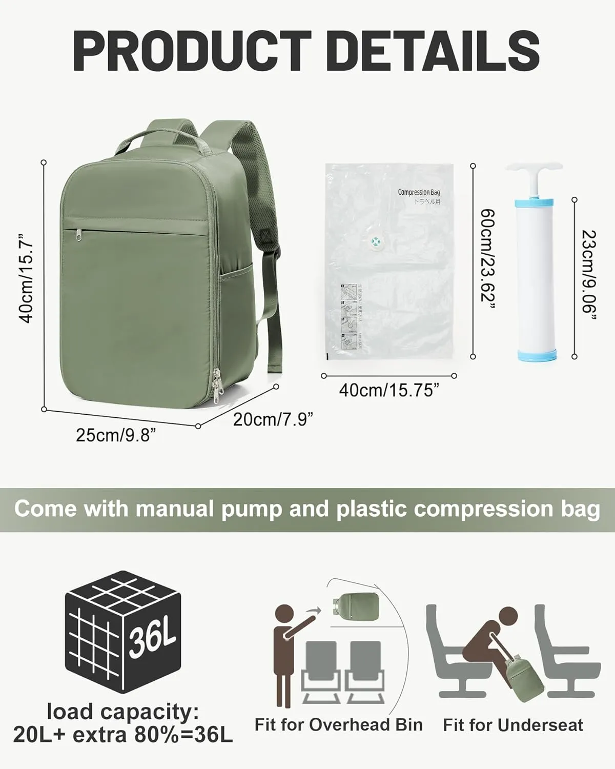 Travel Backpack for Women Men,Personal Item Backpack, Vacuum Storage Bags with Hand Pump,Airline Approved Backpack Hiking Business,20L,Grey Green