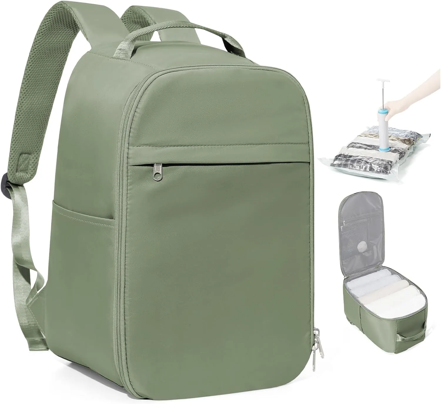 Travel Backpack for Women Men,Personal Item Backpack, Vacuum Storage Bags with Hand Pump,Airline Approved Backpack Hiking Business,20L,Grey Green
