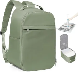 Travel Backpack for Women Men,Personal Item Backpack, Vacuum Storage Bags with Hand Pump,Airline Approved Backpack Hiking Business,20L,Grey Green