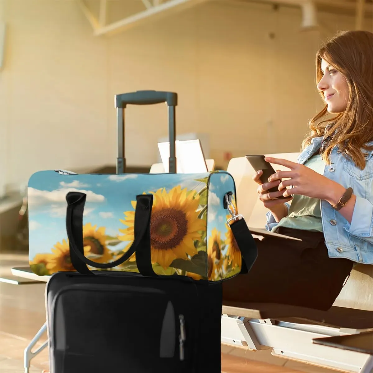 Travel Duffel Bag, Sunflower Flower Floral Sports Tote Gym Bag Foldable Western Aztec Weekender Bag Carry on Luggage Handle Bag Overnight Shoulder Bag for Women Men,A-729