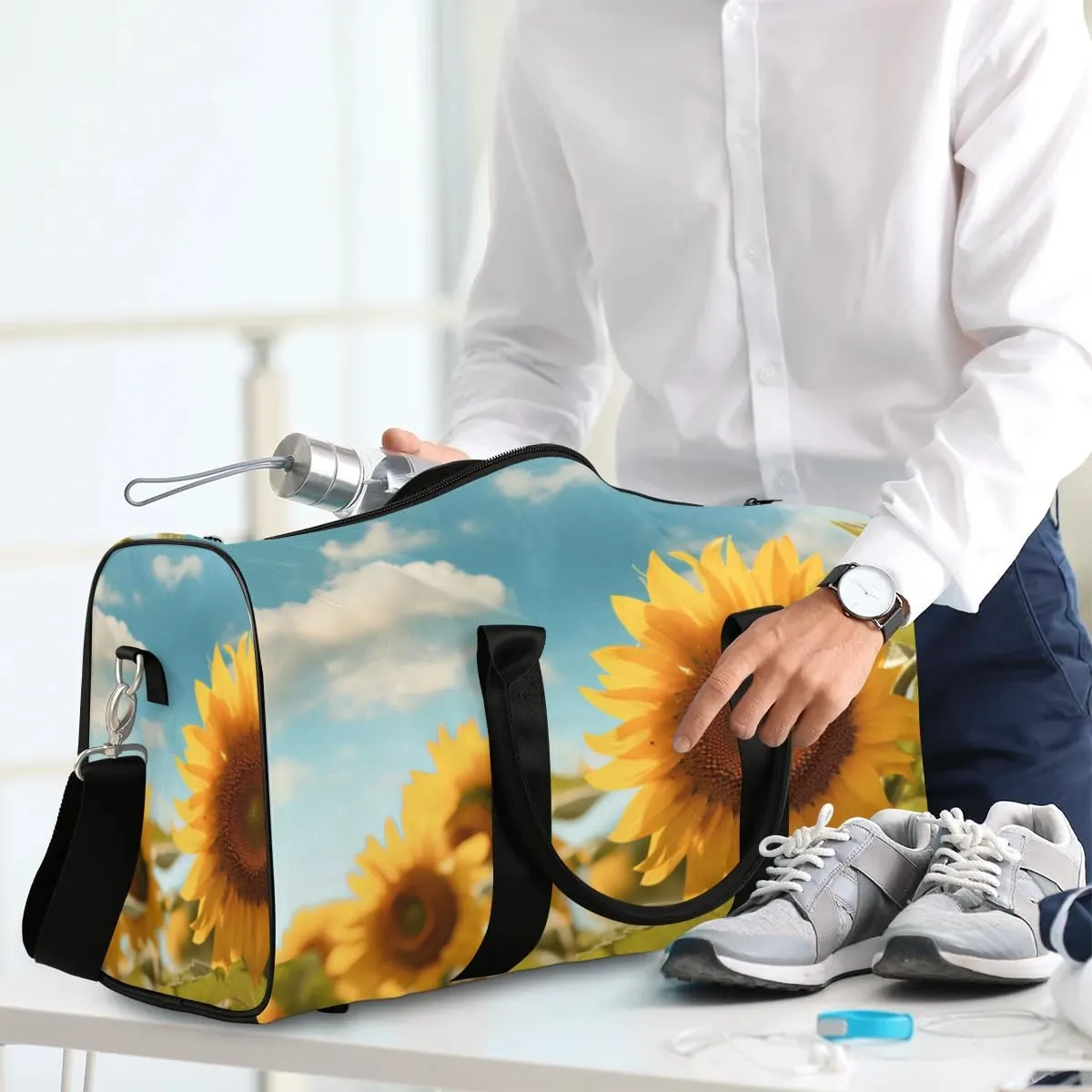 Travel Duffel Bag, Sunflower Flower Floral Sports Tote Gym Bag Foldable Western Aztec Weekender Bag Carry on Luggage Handle Bag Overnight Shoulder Bag for Women Men,A-729