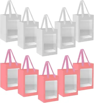 TUIOLUI 10 Pack Small White and Pink Paper Bags with Window Bulk Mini Paper Gift Bags with Handles 7.1x5.1x9.8 Little Goodie Shopping Bags Party Favor Gift Bags for Small Business