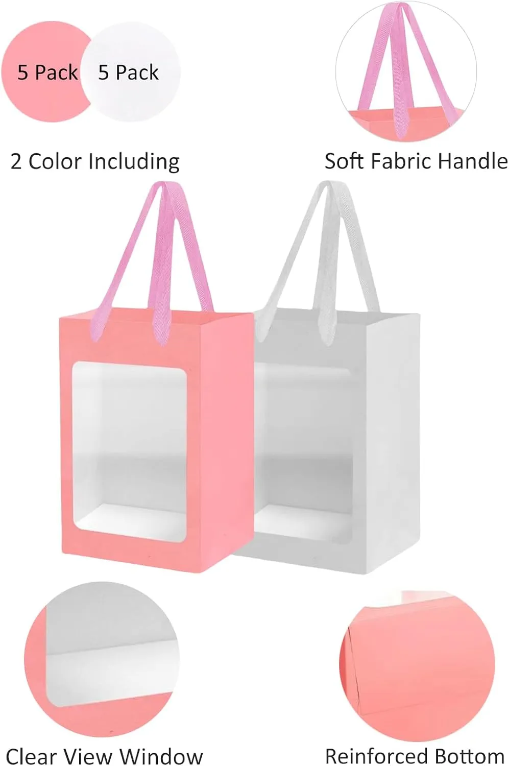 TUIOLUI 10 Pack Small White and Pink Paper Bags with Window Bulk Mini Paper Gift Bags with Handles 7.1x5.1x9.8 Little Goodie Shopping Bags Party Favor Gift Bags for Small Business