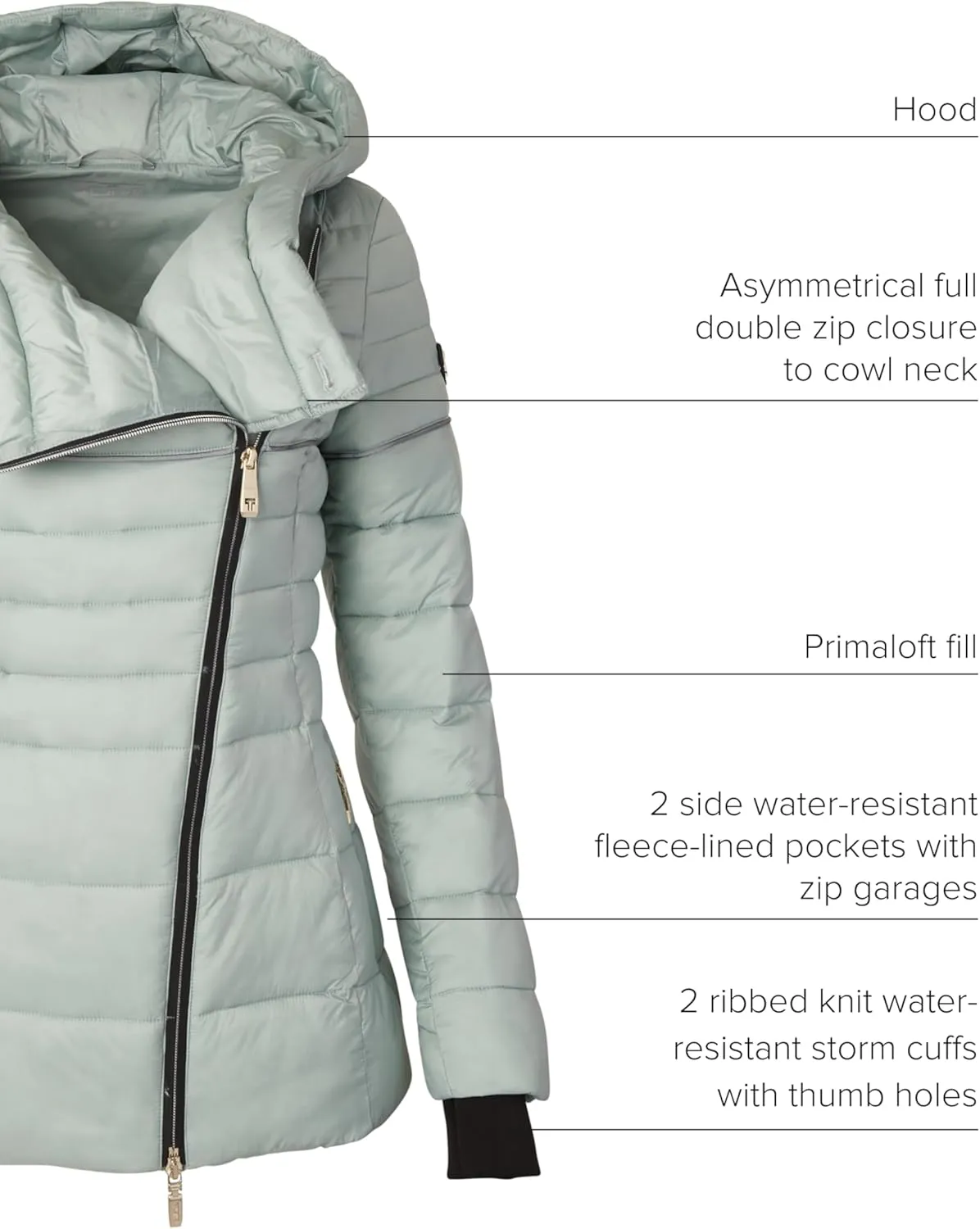 TUMI Women's Asymmetrical Zip Cowl Neck Quilted Midweight Puffer Coat with PrimaLoft Fill - Nylon Puffer Coat