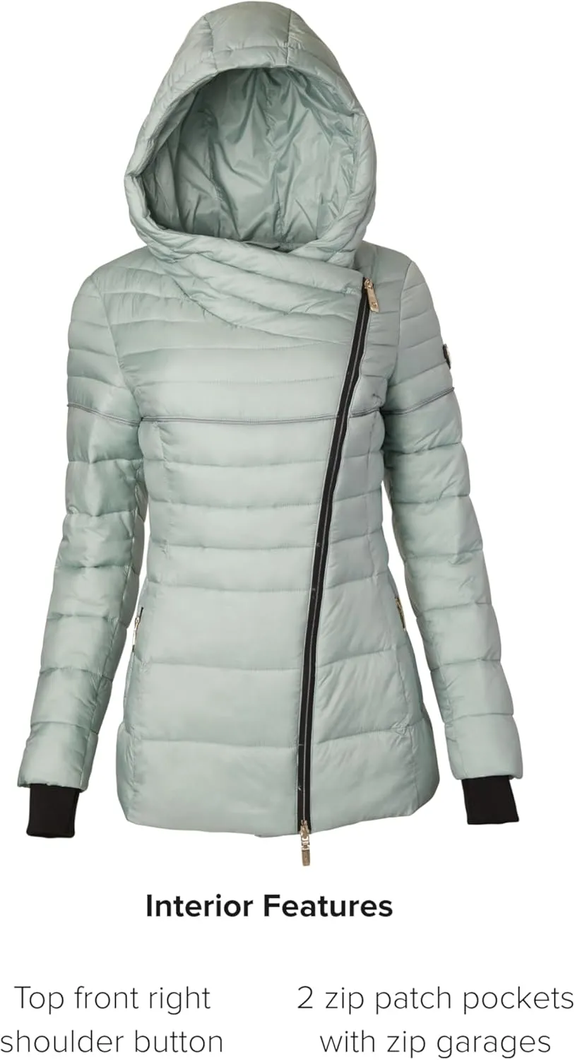 TUMI Women's Asymmetrical Zip Cowl Neck Quilted Midweight Puffer Coat with PrimaLoft Fill - Nylon Puffer Coat