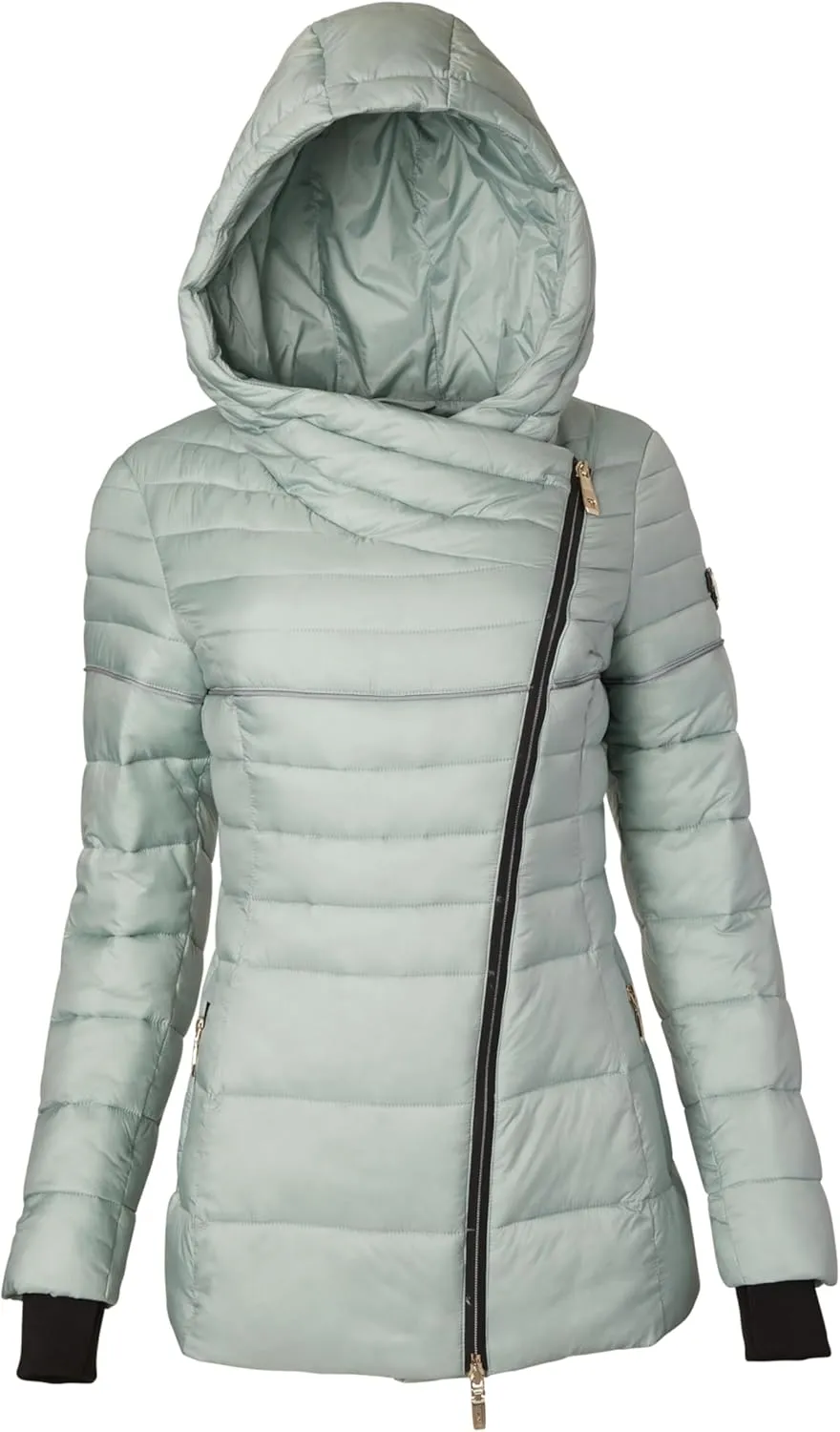 TUMI Women's Asymmetrical Zip Cowl Neck Quilted Midweight Puffer Coat with PrimaLoft Fill - Nylon Puffer Coat