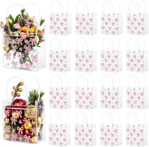 Ubamdom 16 Pcs Pink Bow Clear PVC Gift Bags, Pink Bowknot Daisy Flower Party Favor Bags Treat Tote Bag for Wedding Birthday Baby Shower Valentine's Day Mother's Day Party