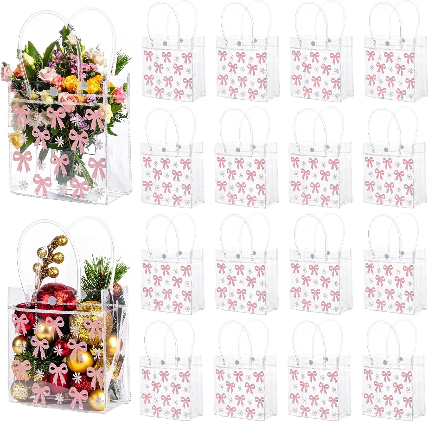 Ubamdom 16 Pcs Pink Bow Clear PVC Gift Bags, Pink Bowknot Daisy Flower Party Favor Bags Treat Tote Bag for Wedding Birthday Baby Shower Valentine's Day Mother's Day Party