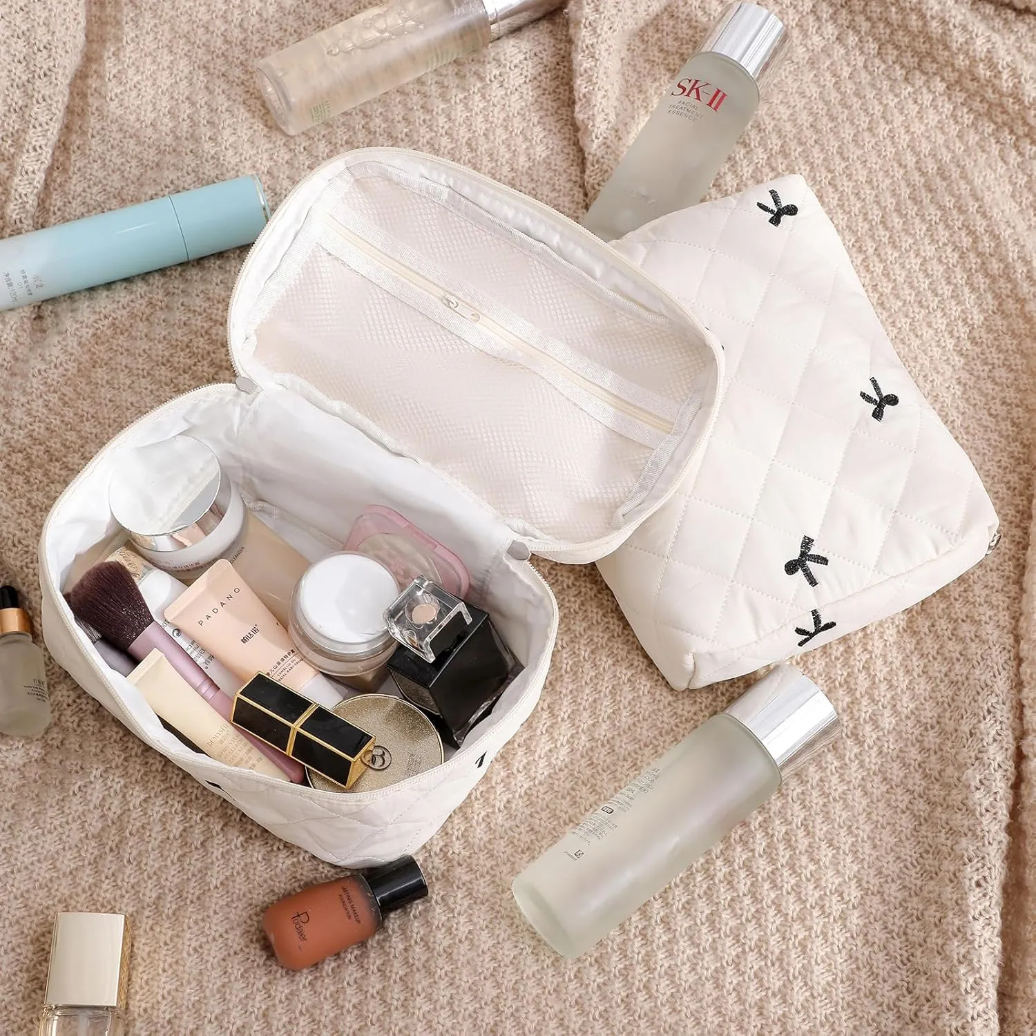 uekeboag 3Pcs Quilted Cotton Makeup Bag,Coquette Quilted Toiletry Bag for Women and Girls,Floral Coquette Pouch,Cute Kawaii Travel Cosmetic Bags(3Pcs Beige Bow)