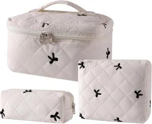 uekeboag 3Pcs Quilted Cotton Makeup Bag,Coquette Quilted Toiletry Bag for Women and Girls,Floral Coquette Pouch,Cute Kawaii Travel Cosmetic Bags(3Pcs Beige Bow)