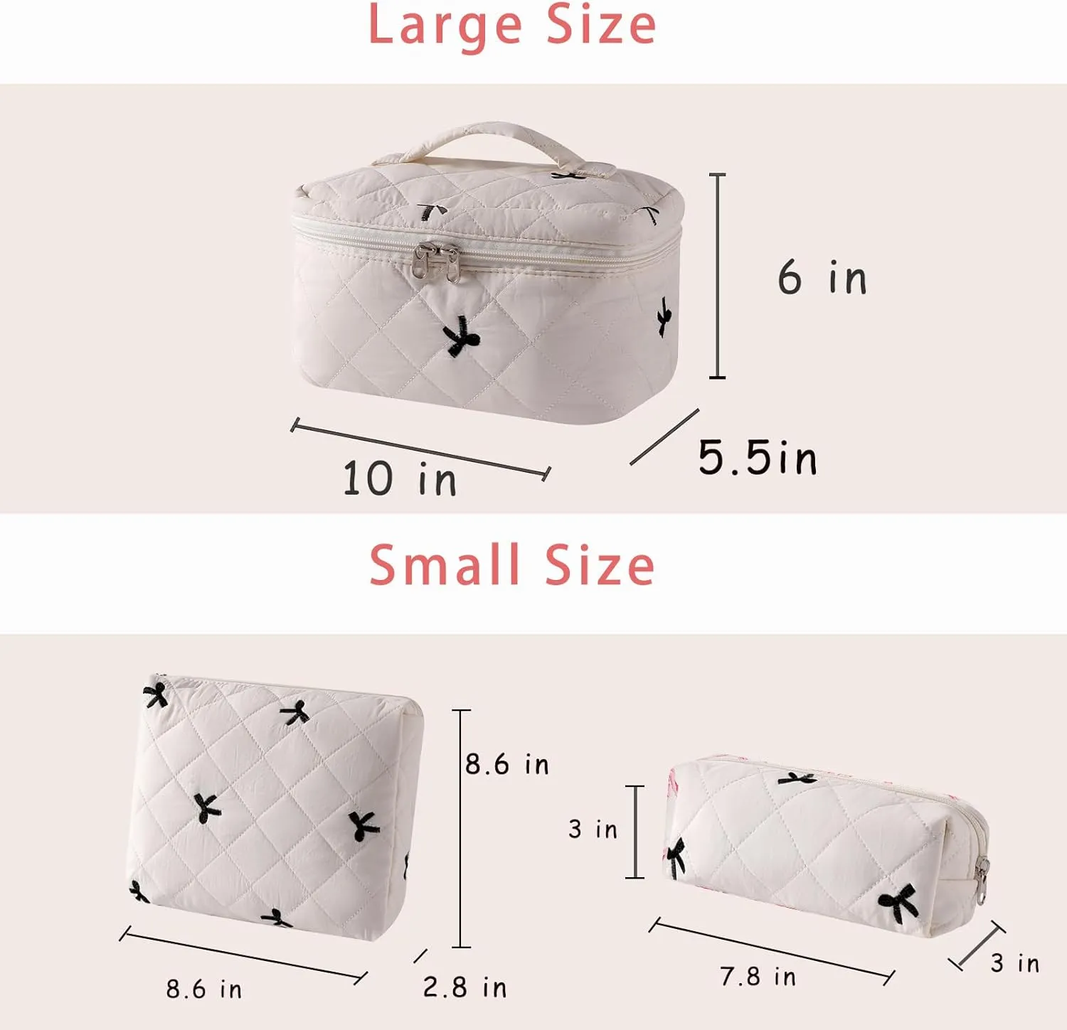uekeboag 3Pcs Quilted Cotton Makeup Bag,Coquette Quilted Toiletry Bag for Women and Girls,Floral Coquette Pouch,Cute Kawaii Travel Cosmetic Bags(3Pcs Beige Bow)