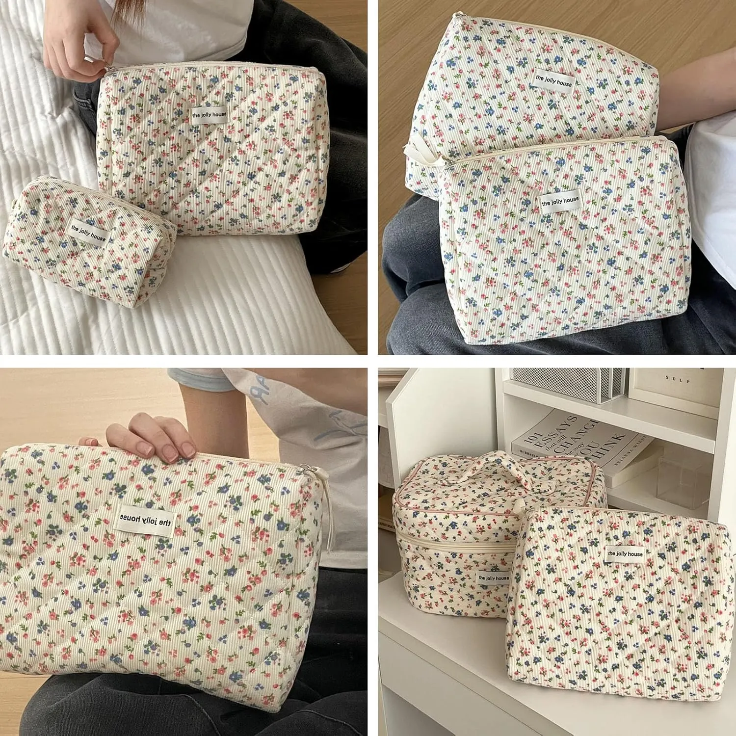 uekeboag Quilted Corduroy Makeup Bag,Coquette Quilted Toiletry Bag for Women and Girls,Floral Coquette Pouch,Cute Kawaii Travel Cosmetic Bags(04 Corduroy Flowers)