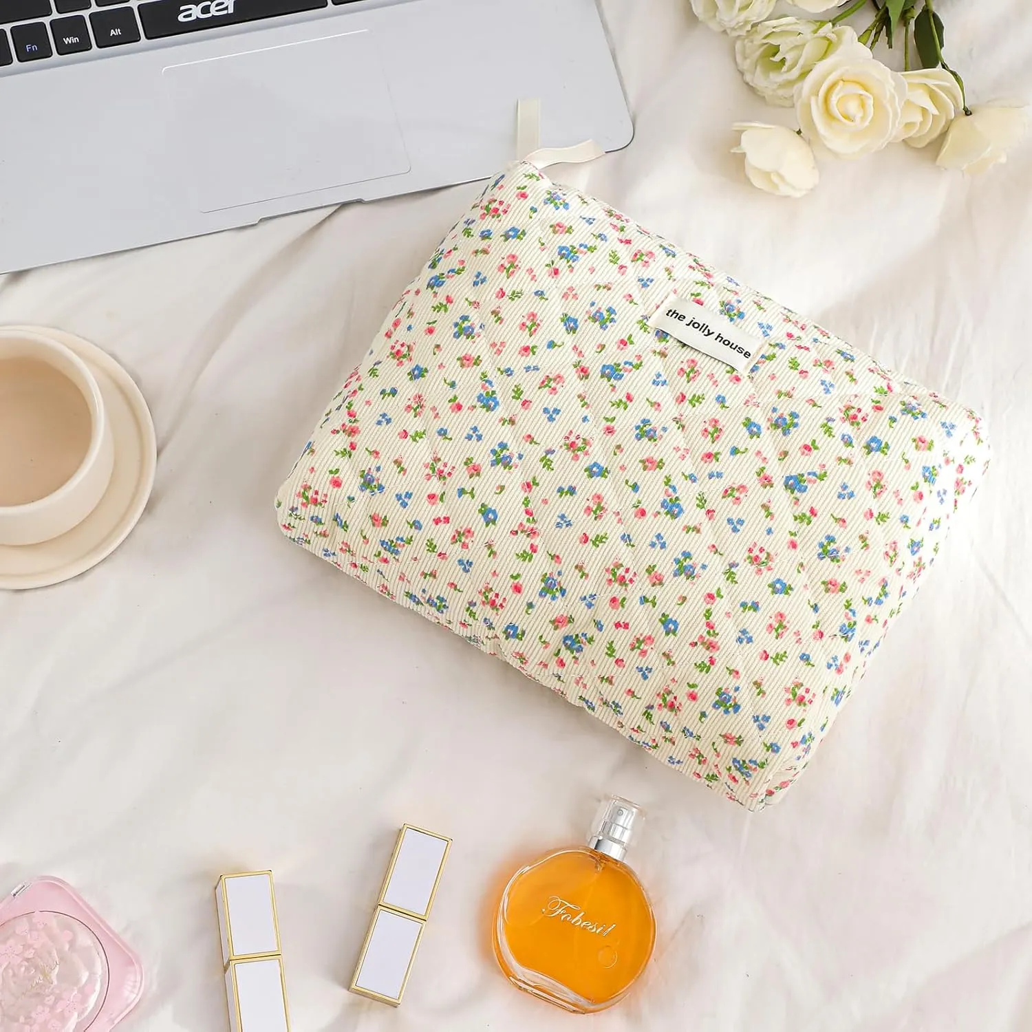 uekeboag Quilted Corduroy Makeup Bag,Coquette Quilted Toiletry Bag for Women and Girls,Floral Coquette Pouch,Cute Kawaii Travel Cosmetic Bags(04 Corduroy Flowers)