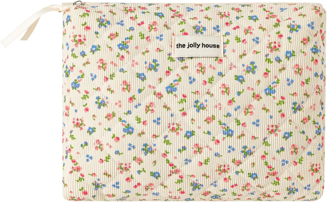 uekeboag Quilted Corduroy Makeup Bag,Coquette Quilted Toiletry Bag for Women and Girls,Floral Coquette Pouch,Cute Kawaii Travel Cosmetic Bags(04 Corduroy Flowers)