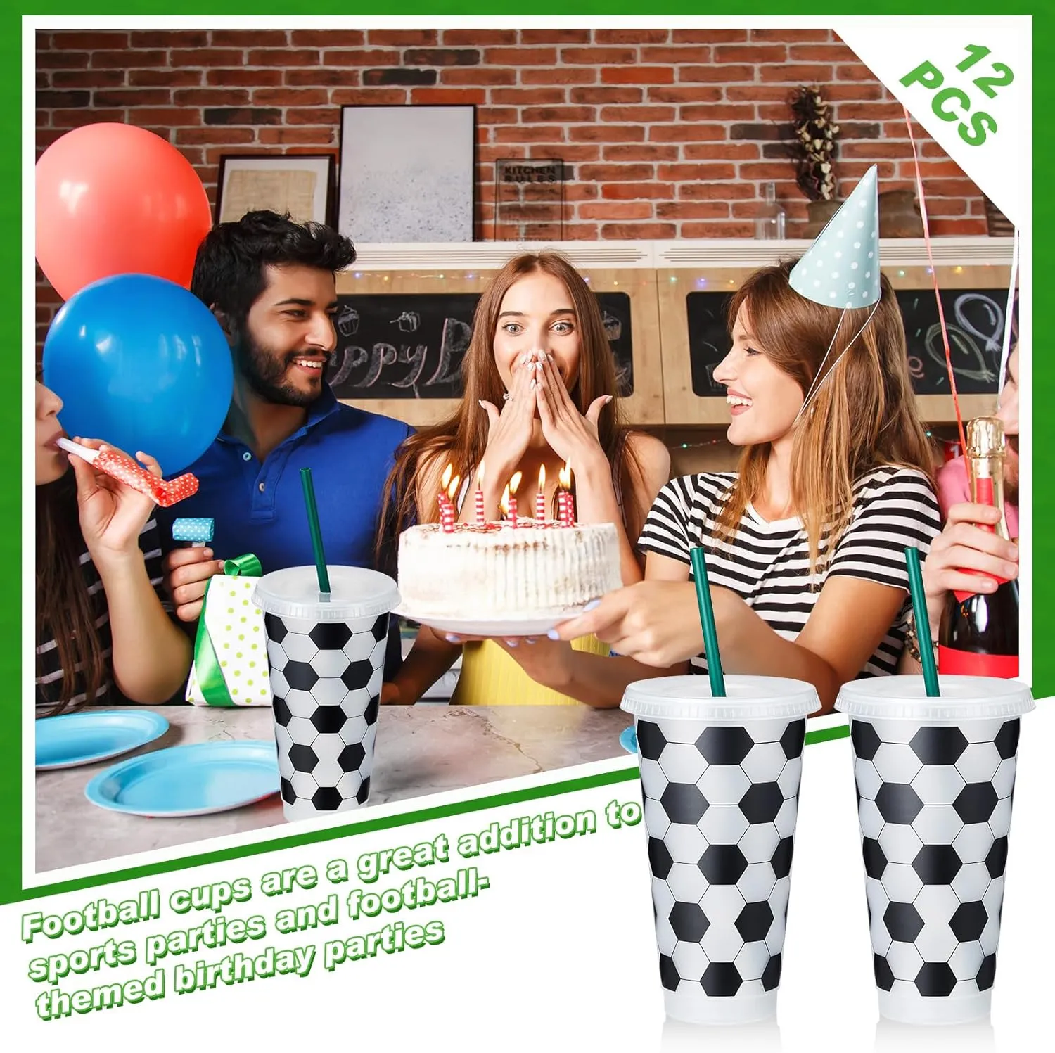 Uiifan 12 Pcs Plastic Soccer Cups Reusable Tumbler with Lid and Straw Sports Gifts for Coach Fan Men Women Soccer Party Favors Sports Themed Party Decoration (24 oz)