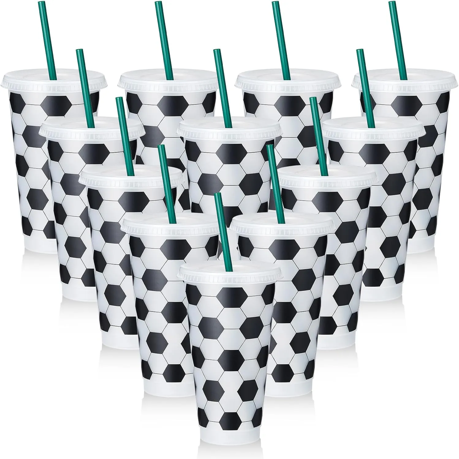 Uiifan 12 Pcs Plastic Soccer Cups Reusable Tumbler with Lid and Straw Sports Gifts for Coach Fan Men Women Soccer Party Favors Sports Themed Party Decoration (24 oz)