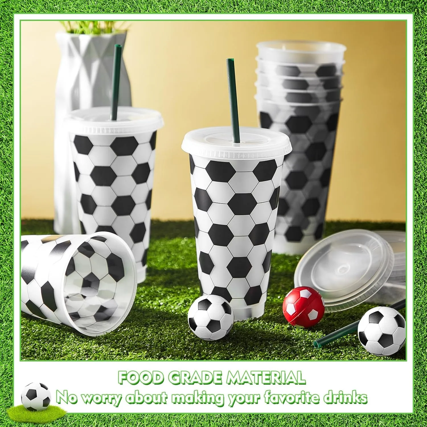 Uiifan 12 Pcs Plastic Soccer Cups Reusable Tumbler with Lid and Straw Sports Gifts for Coach Fan Men Women Soccer Party Favors Sports Themed Party Decoration (24 oz)