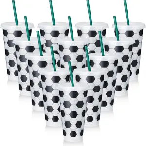 Uiifan 12 Pcs Plastic Soccer Cups Reusable Tumbler with Lid and Straw Sports Gifts for Coach Fan Men Women Soccer Party Favors Sports Themed Party Decoration (24 oz)