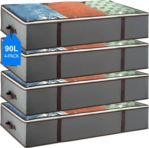 Underbed Storage Bags 4-Pack - Foldable Under Bed Storage Organizer for Clothes, Bedroom Blankets, Comforter, Pillows, Linen Sheets, Towels, Sweaters, Shoe Drawers. Ideal College Dorm Storage. (Grey)