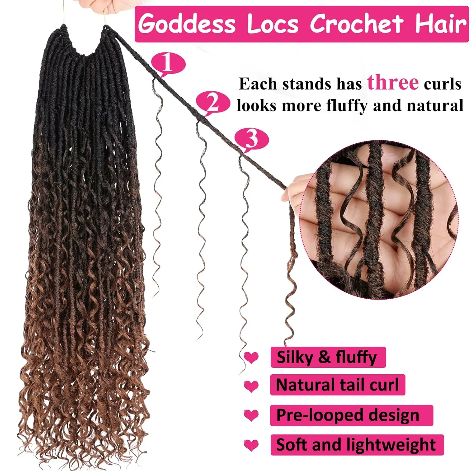 Unionbeauty 24 Inch Boho Faux Locs Crochet Hair 9 Packs Pre-looped River Locs Crochet Braids with Curly Ends Goddess Locs Crochet Hair Synthetic Crochet Hair Extensions For Women 1B430#