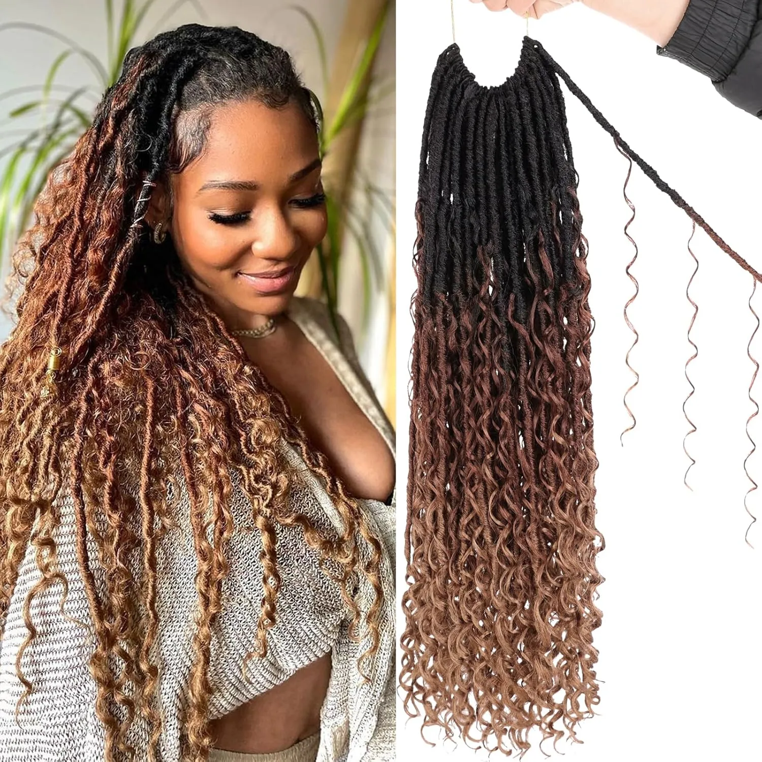 Unionbeauty 24 Inch Goddess Locs Crochet Hair 9PCS Pre-looped Boho Locs Crochet Hair with Curly Ends Ombre Brown to Blonde River Locs Crochet Braids Synthetic Crochet Hair Extensions For Women 1B3027#