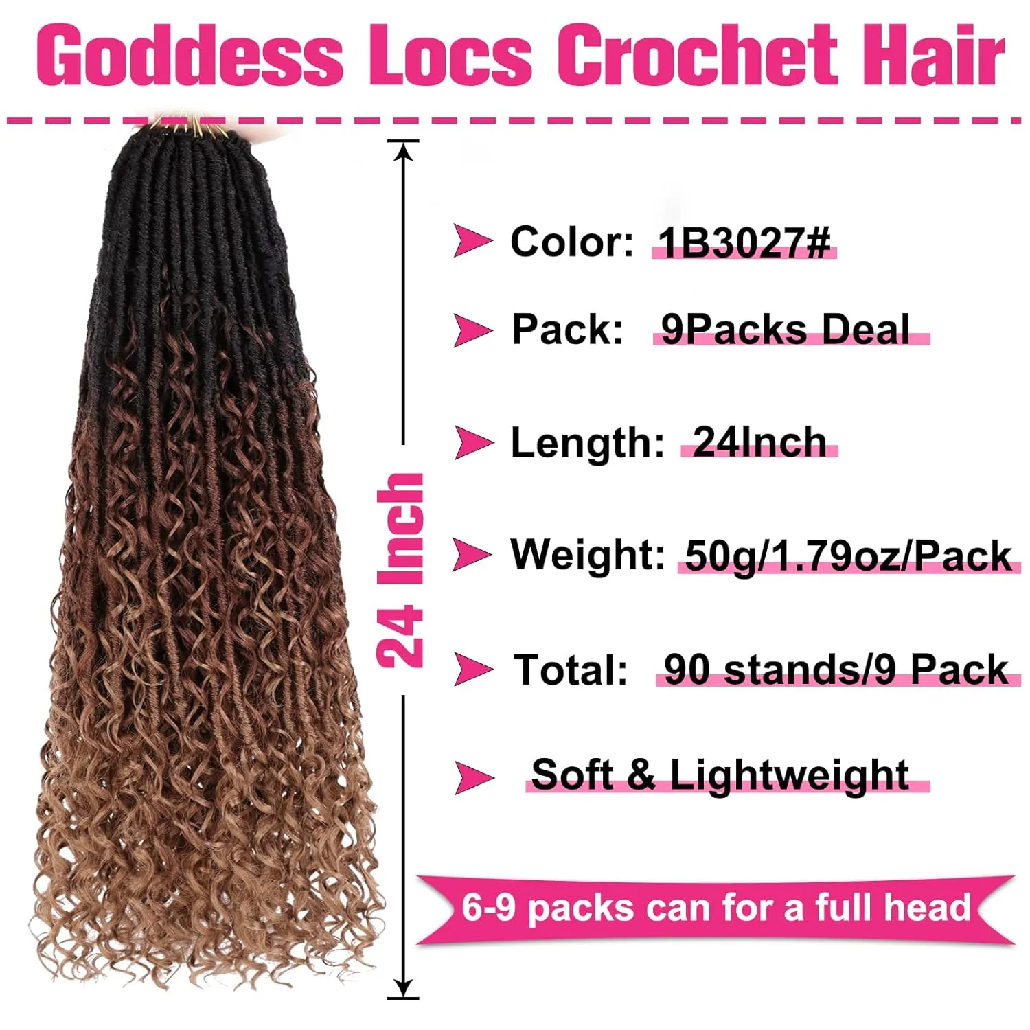 Unionbeauty 24 Inch Goddess Locs Crochet Hair 9PCS Pre-looped Boho Locs Crochet Hair with Curly Ends Ombre Brown to Blonde River Locs Crochet Braids Synthetic Crochet Hair Extensions For Women 1B3027#