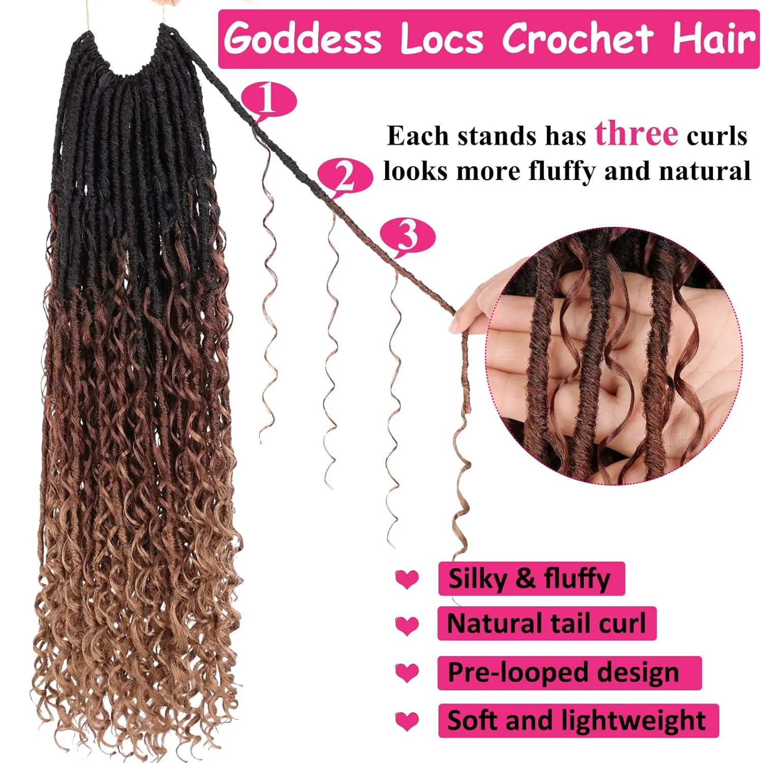Unionbeauty 24 Inch Goddess Locs Crochet Hair 9PCS Pre-looped Boho Locs Crochet Hair with Curly Ends Ombre Brown to Blonde River Locs Crochet Braids Synthetic Crochet Hair Extensions For Women 1B3027#