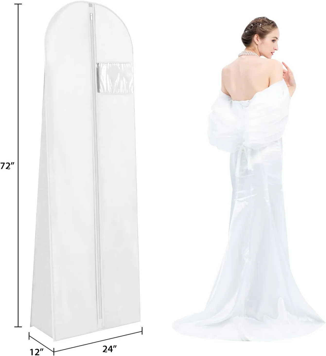Univivi 72" Wedding Dress Garment Bag, Long Wedding Dress Cover for Closet Storage & Hanging Clothes with Clear Window and 12'' Gusset for Puffy Bridal Gowns, White