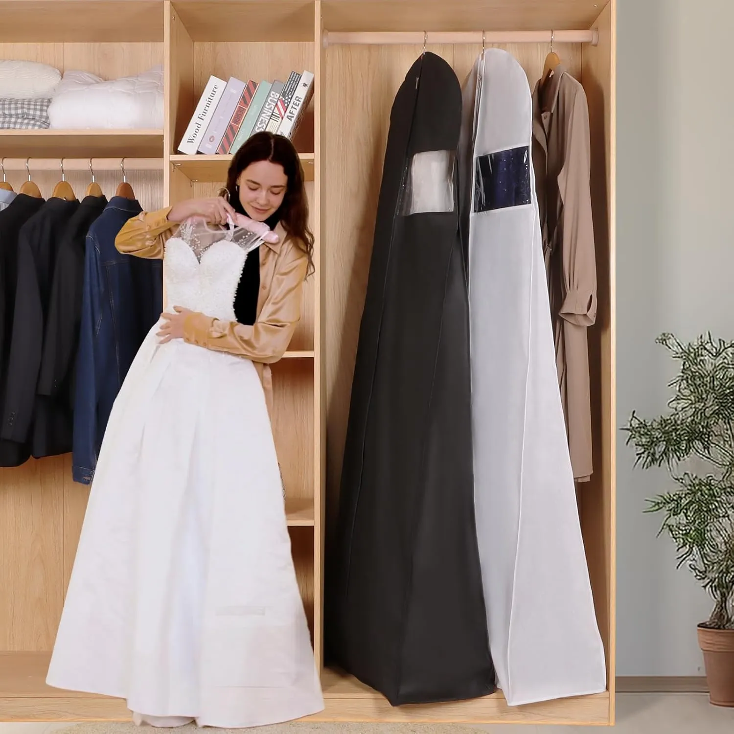 Univivi 72" Wedding Dress Garment Bag, Long Wedding Dress Cover for Closet Storage & Hanging Clothes with Clear Window and 12'' Gusset for Puffy Bridal Gowns, White