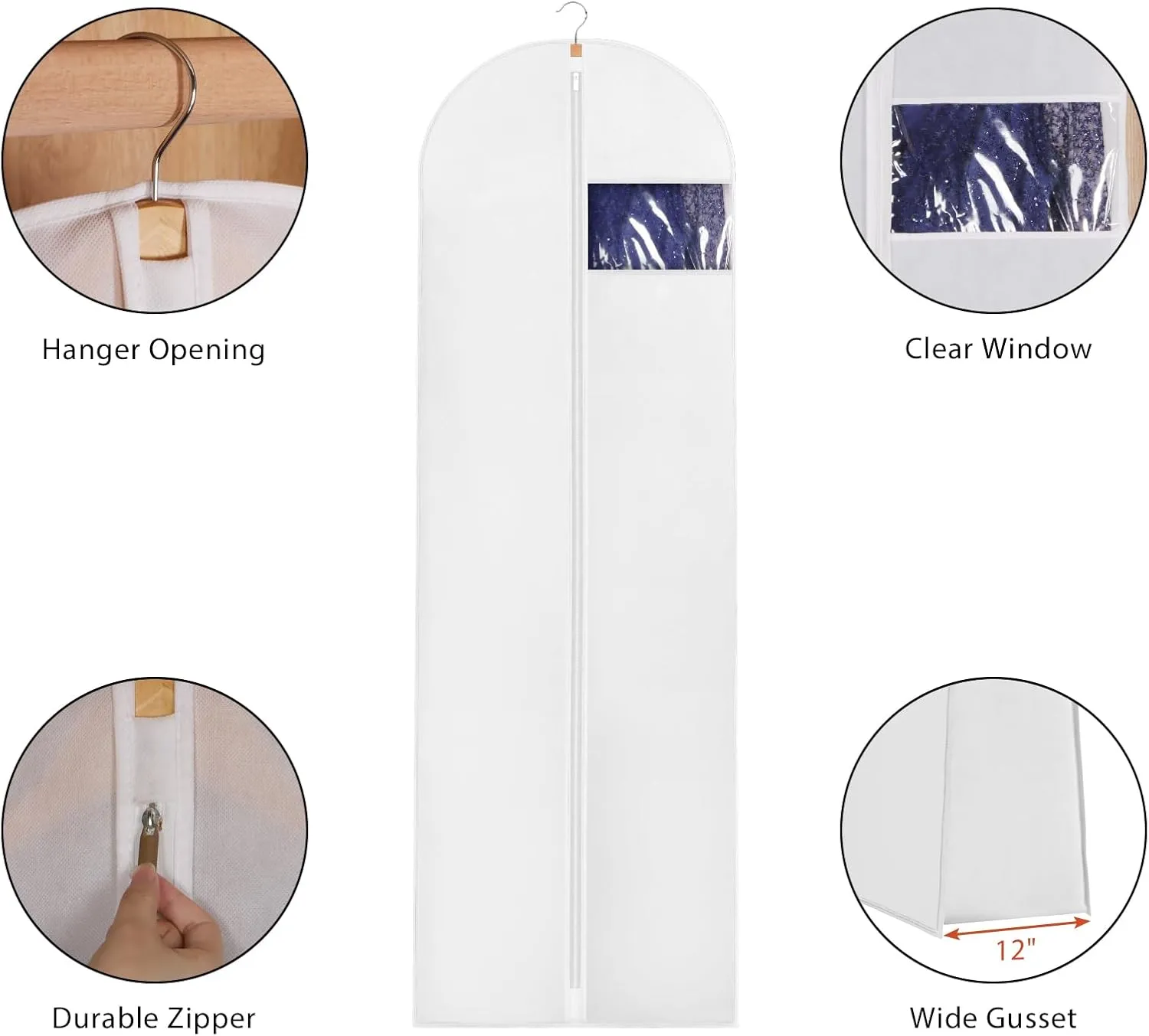 Univivi 72" Wedding Dress Garment Bag, Long Wedding Dress Cover for Closet Storage & Hanging Clothes with Clear Window and 12'' Gusset for Puffy Bridal Gowns, White