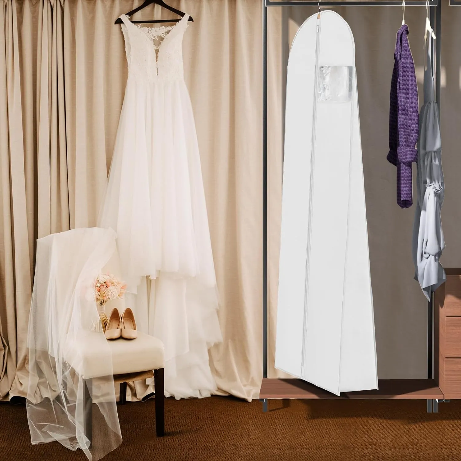 Univivi 72" Wedding Dress Garment Bag, Long Wedding Dress Cover for Closet Storage & Hanging Clothes with Clear Window and 12'' Gusset for Puffy Bridal Gowns, White