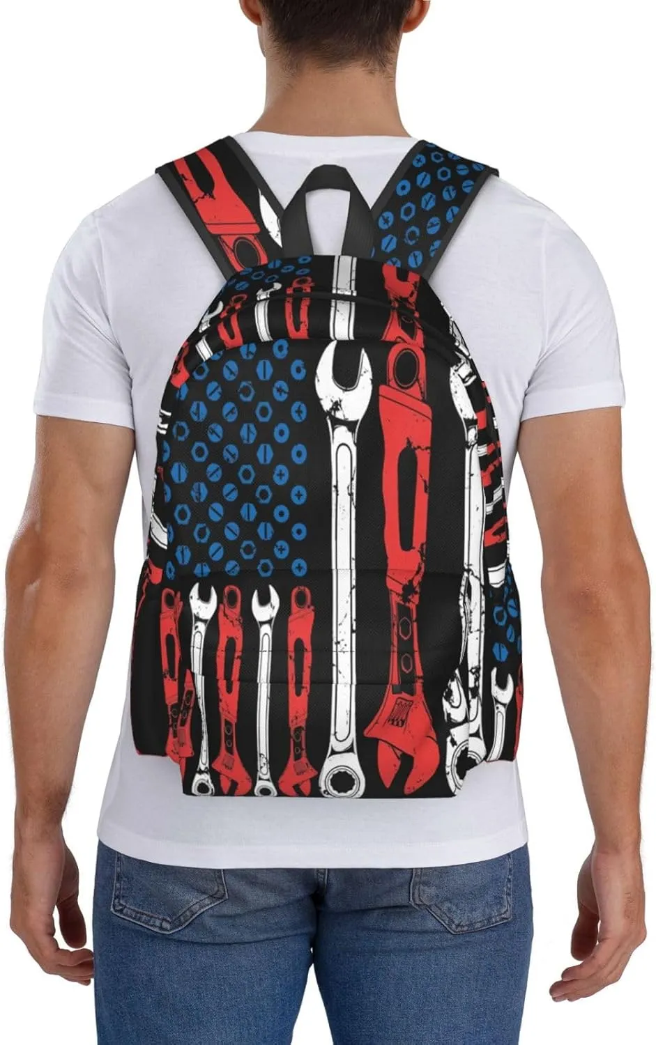 USA American Flag Mechanic Backpack Casual Laptop Backpack Large Capacity Double Shoulder Bag Travel Daypack For Women Men