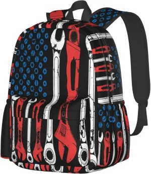 USA American Flag Mechanic Backpack Casual Laptop Backpack Large Capacity Double Shoulder Bag Travel Daypack For Women Men