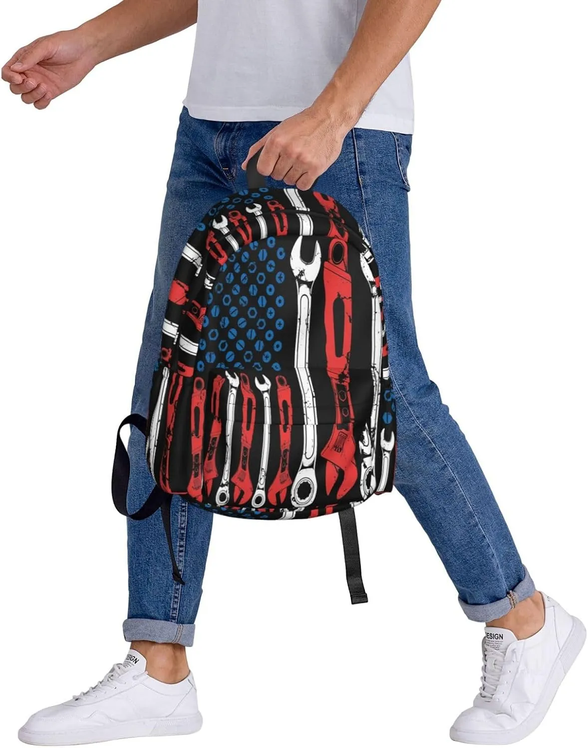 USA American Flag Mechanic Backpack Casual Laptop Backpack Large Capacity Double Shoulder Bag Travel Daypack For Women Men