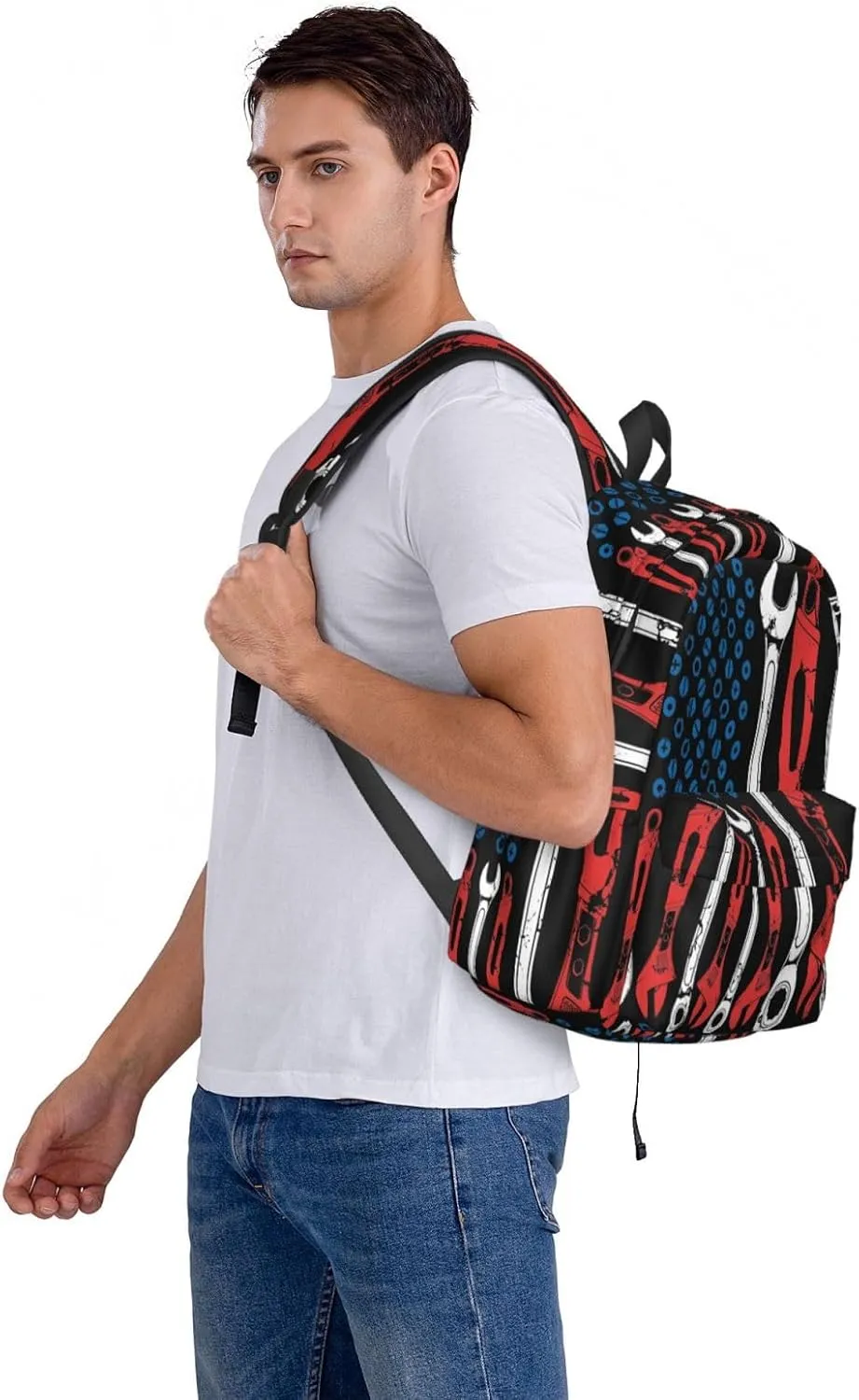 USA American Flag Mechanic Backpack Casual Laptop Backpack Large Capacity Double Shoulder Bag Travel Daypack For Women Men