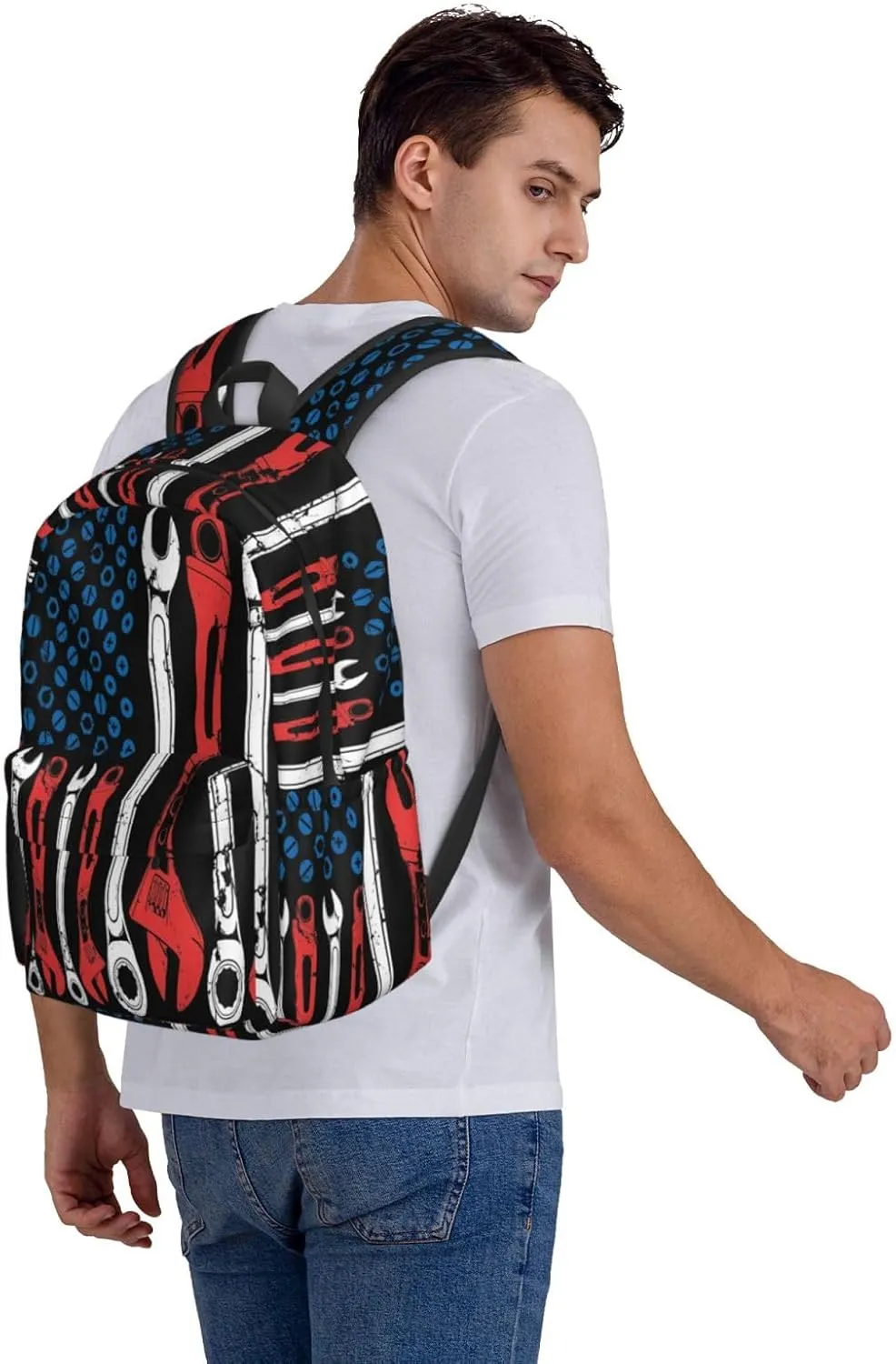 USA American Flag Mechanic Backpack Casual Laptop Backpack Large Capacity Double Shoulder Bag Travel Daypack For Women Men