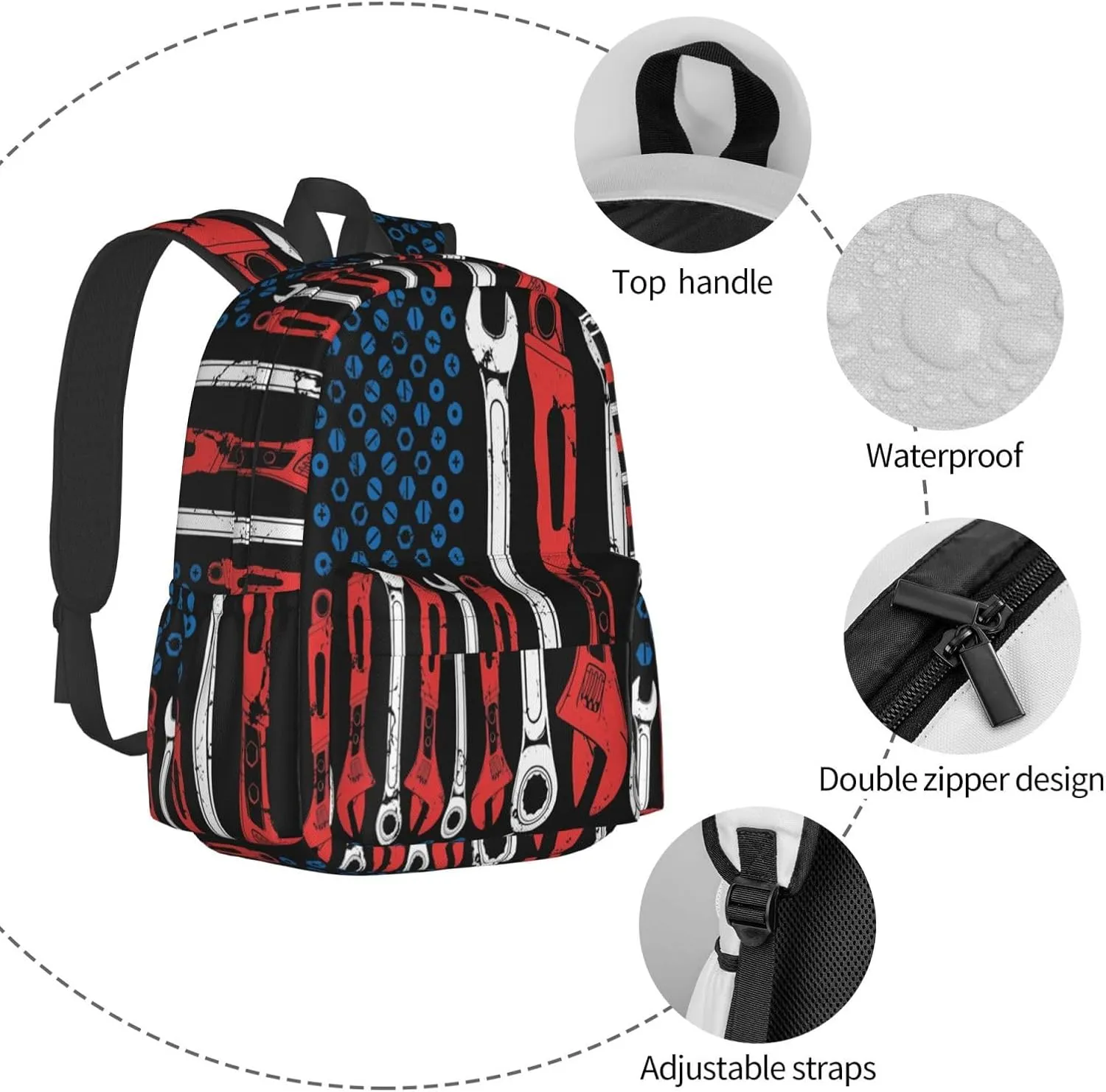 USA American Flag Mechanic Backpack Casual Laptop Backpack Large Capacity Double Shoulder Bag Travel Daypack For Women Men