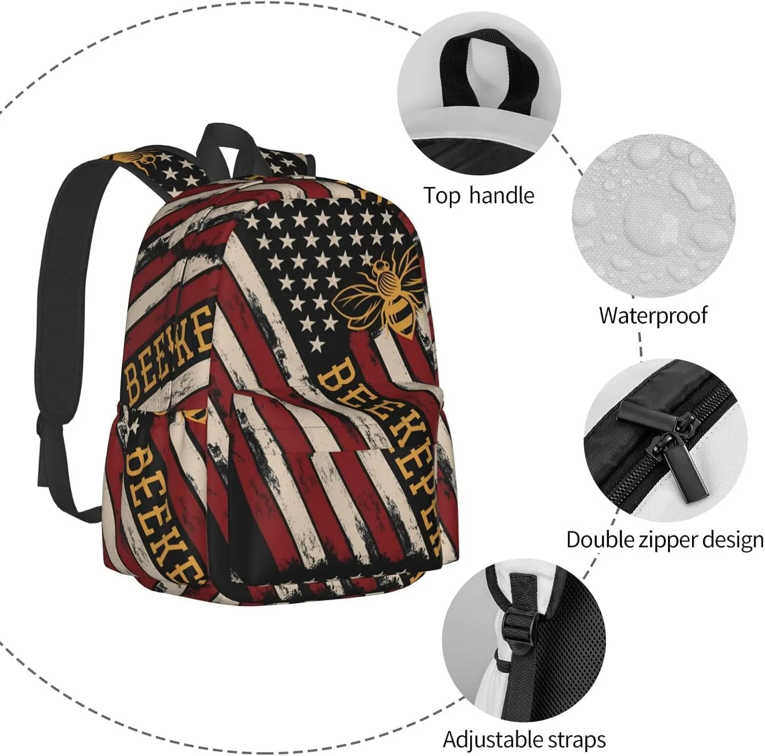 USA Flag Beekeeper Backpack Casual Laptop Backpack Large Capacity Double Shoulder Bag Travel Daypack For Women Men