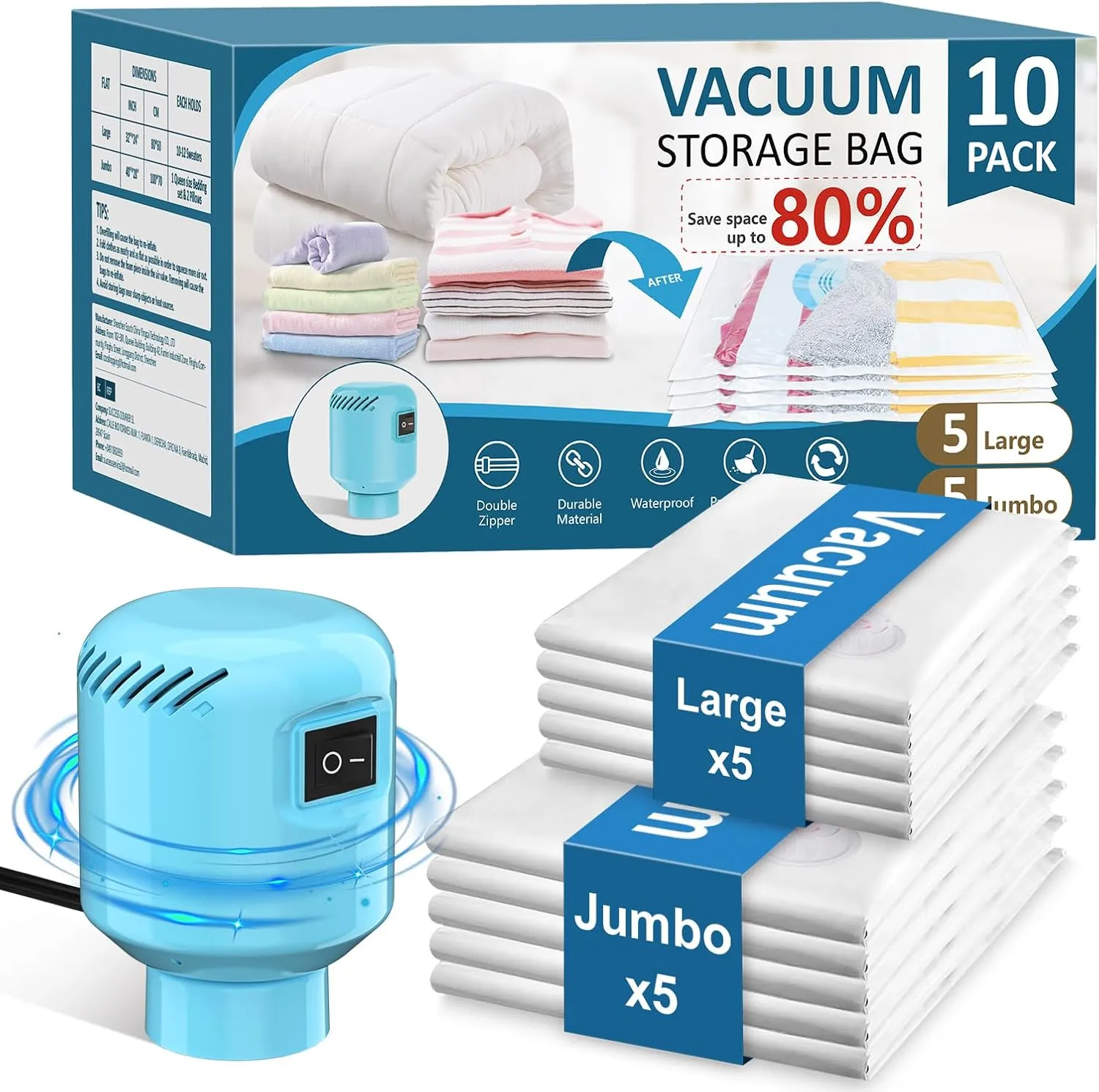 Vacuum Seal Bags for Clothing Travel, 10 Pack Space Saver Vacuum Storage Bags with Electric Pump,Portable Compression Sealer for Clothes, Blankets, Bedding & Travel Essentials,Good for Luggage Packing