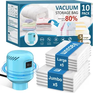 Vacuum Seal Bags for Clothing Travel, 10 Pack Space Saver Vacuum Storage Bags with Electric Pump,Portable Compression Sealer for Clothes, Blankets, Bedding & Travel Essentials,Good for Luggage Packing