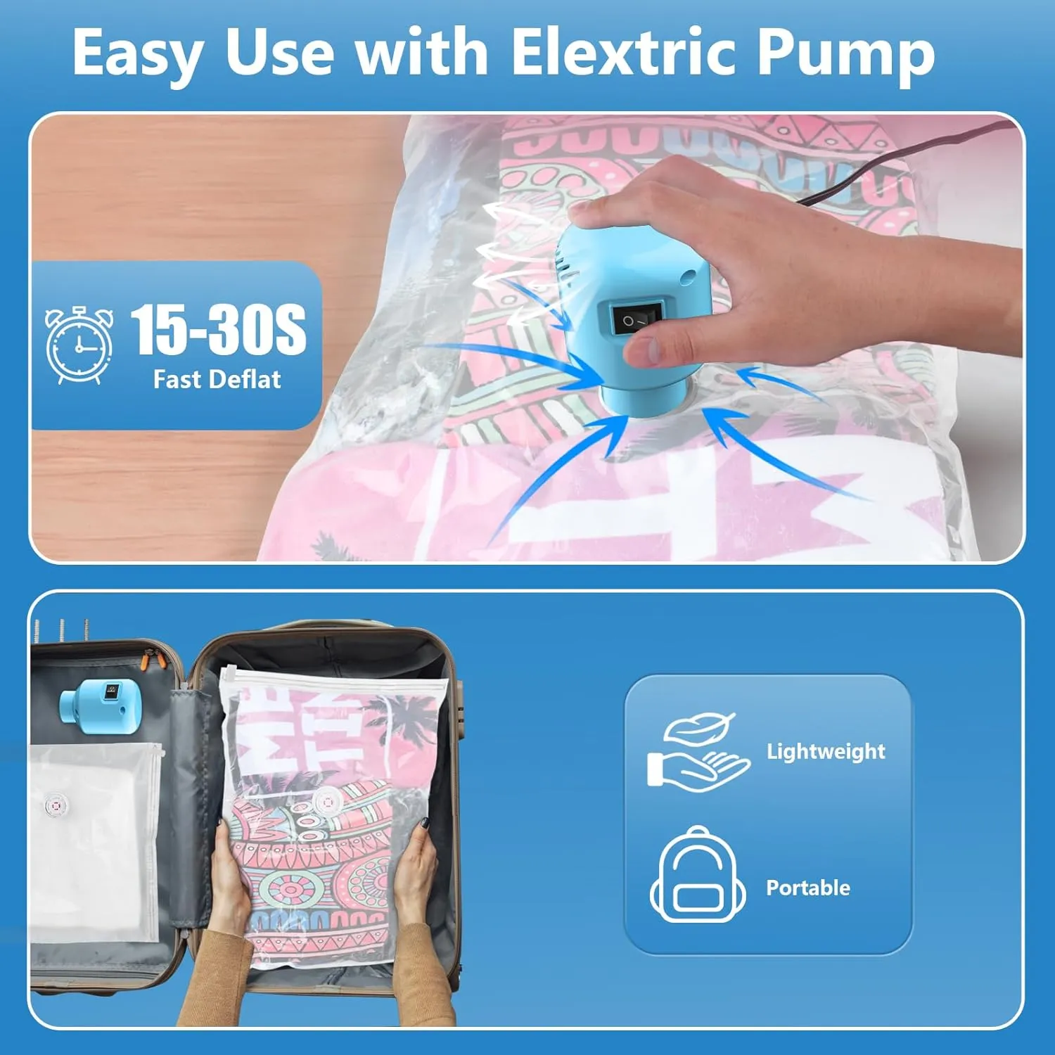 Vacuum Seal Bags for Clothing Travel, 10 Pack Space Saver Vacuum Storage Bags with Electric Pump,Portable Compression Sealer for Clothes, Blankets, Bedding & Travel Essentials,Good for Luggage Packing