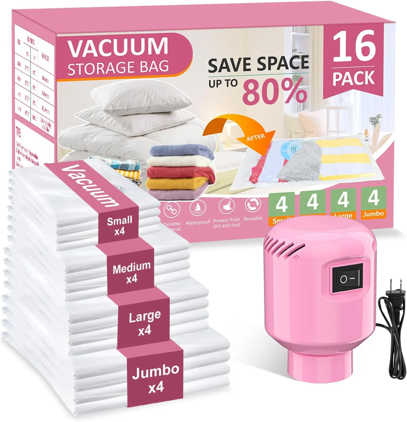 Vacuum Seal Bags for Clothing Travel, 16 Pack Space Saver Vacuum Storage Bags with Electric Pump,Portable Compression Sealer for Clothes,Blankets,Bedding & Travel Essentials,Good for Luggage Packing