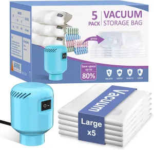 Vacuum Seal Bags for Clothing Travel, 5 Pack Space Saver Vacuum Storage Bags with Electric Pump,Portable Compression Sealer for Clothes, Blankets, Bedding & Travel,Good for Storage and Organization