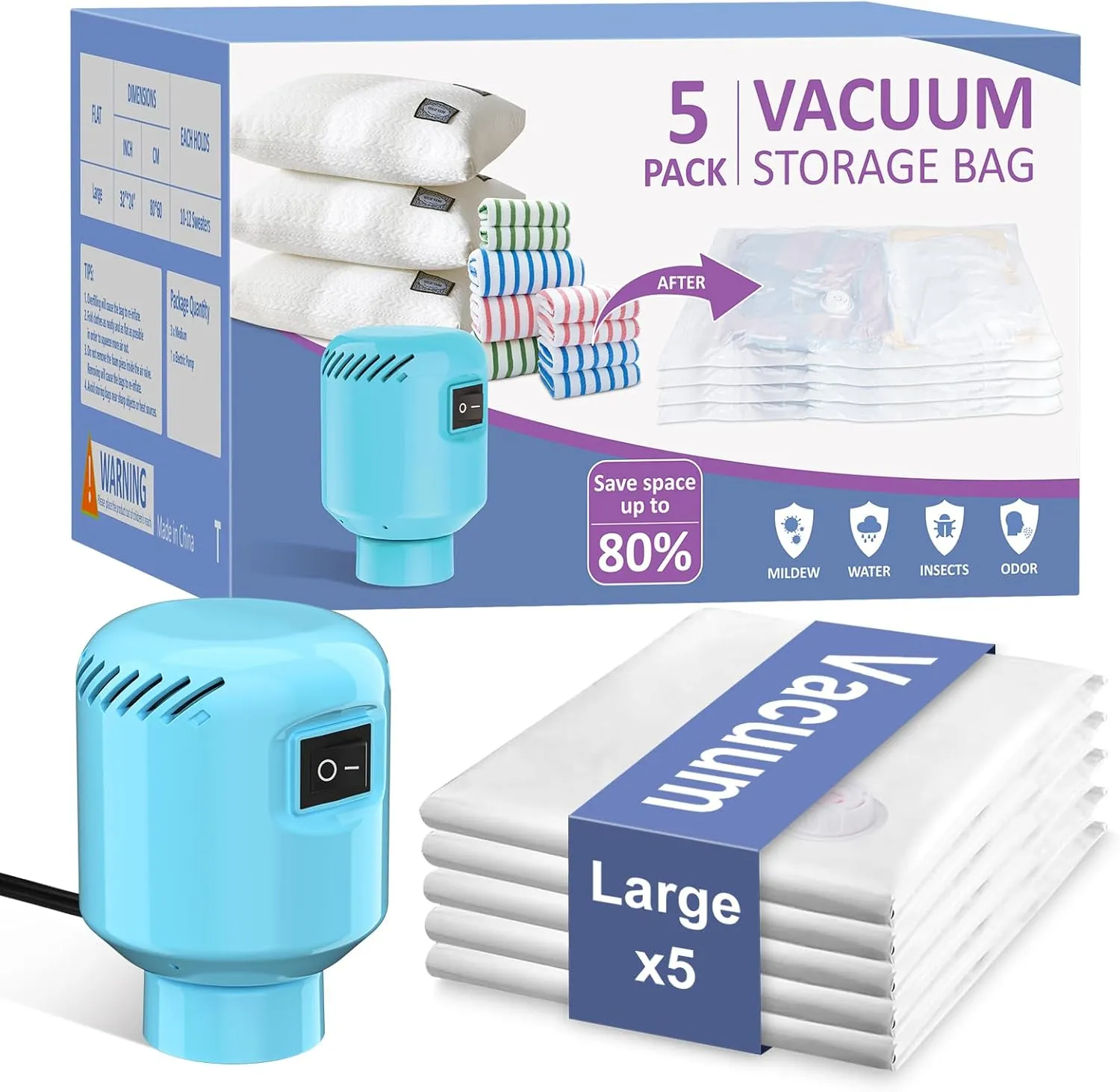 Vacuum Seal Bags for Clothing Travel, 5 Pack Space Saver Vacuum Storage Bags with Electric Pump,Portable Compression Sealer for Clothes, Blankets, Bedding & Travel,Good for Storage and Organization